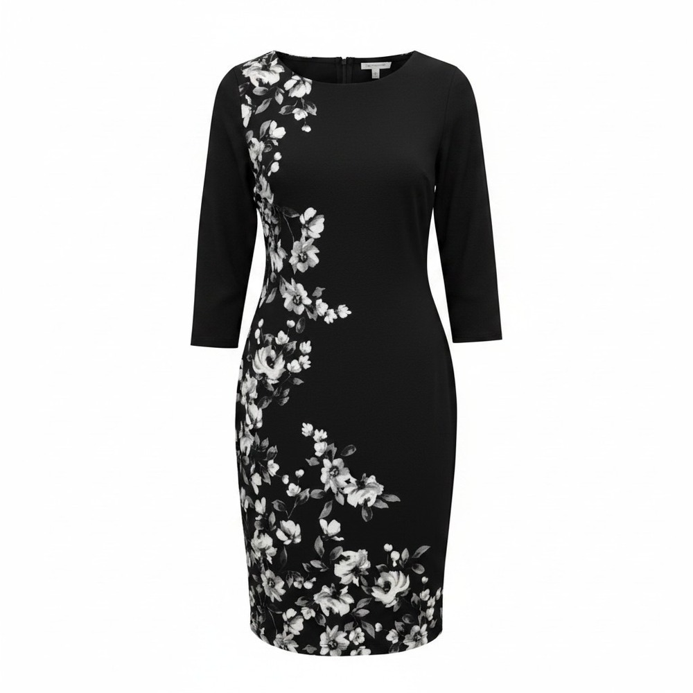 White House Black Market Floral Sheath Dress Women Size M Black Keyhole Stretch